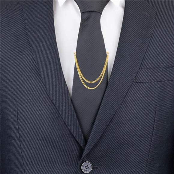 Mens Tie Chain Set Silver Gold Tie Clips Formal Dress Shirt Accessory Gift - Picture 2 of 7